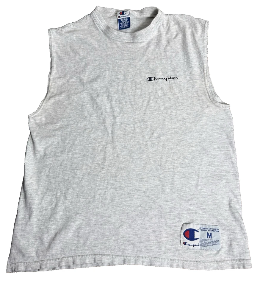 VTG Champion Muscle Tee M Gray 90s Sleeveless Athletic Shirt Chest Logo Patch - Image 1 of 4