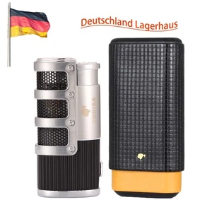 Reise Leder Zigarrenetui Halter 3 Flammen Jet Feuerzeug Zigarettenanzünder Gift - Bild 1 von 12