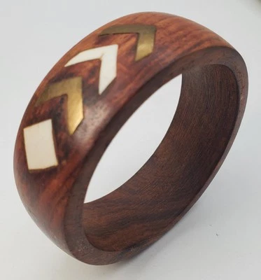 Dark Wood Inlay Brass Bangle Bracelet Chunky Brown Gold Boho Jewelry Beach Core - Image 1 of 3