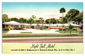 DAYTONA BEACH, FLORIDA - MOTEL DE CARRETERA DE OTOÑO NOCTURNO - POSTAL DE LINO VINTAGE - Imagen 1 de 2
