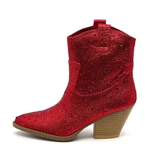 Forever Damen Cowboy Western Stiefeletten Strass Bling Stiefeletten River-01 rot - Bild 1 von 3