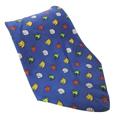 Corbata de seda antigua azul marino plátano palmera concha estrella de mar tropical novedad Foto 1 de 4