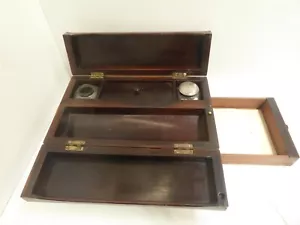ANTIQUE ROSEWOOD VENEER TIMBER WOODEN WRITING BOX TRAVEL CASE PEN INK BOTTLES - Picture 1 of 16