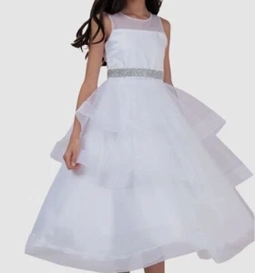 $287 Zoe Ltd Girl's White Jewel Neck Sleeveless Ella Tiered Organza Dress Size 4 - Picture 1 of 8