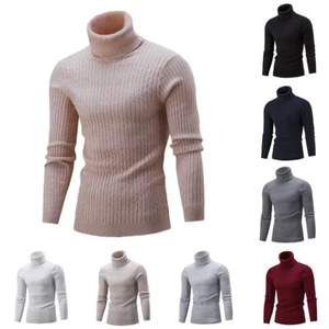 Autumn Mens Winter Warm Knit Sweater Turtleneck Long Sleeve Slim Fit Pullover - Picture 1 of 13