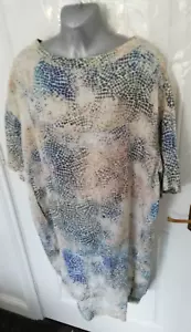 120% Lino Size 46 Navy Blue Beige Animal Print Lagenlook Shift Dress Pockets - Picture 1 of 10