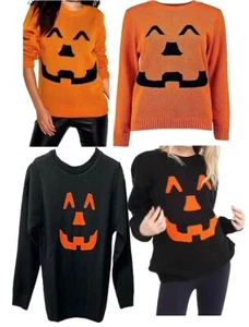 Womens Long Sleeve Pumpkin Face Knit Jumper Ladies Crew Neck Halloween Sweater - Picture 1 of 6