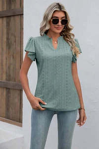 Women's Top- Eyelet Notched Neck Flutter Sleeve Top - Picture 1 of 26
