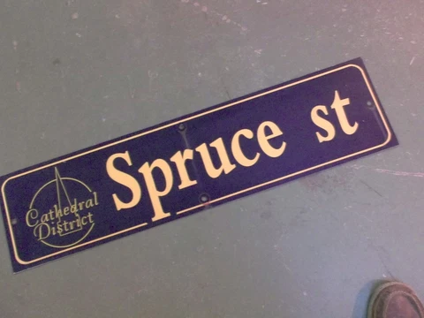 Vintage SPRUCE ST Cathedral District Street Sign 36" X 9" - GOLD on NAVY Ground Cover