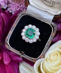 Cushion Cut Emerald & Lab-Created Diamond Halo Wedding White Gold Filled Ring