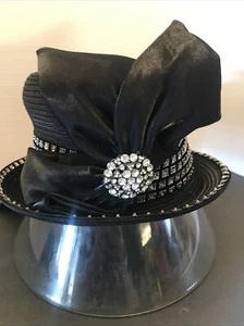 Vintage Whittall & Shon fashion black hat with bow & rhinestones. NWT - Picture 1 of 6