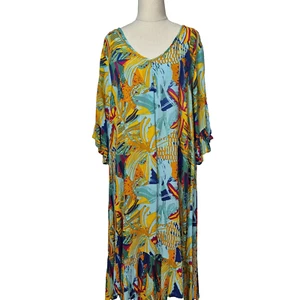 One Summer Dress Womens Size 20 Blue Floral Midi Bright Lightweight Rayon Flowy - Picture 1 of 8