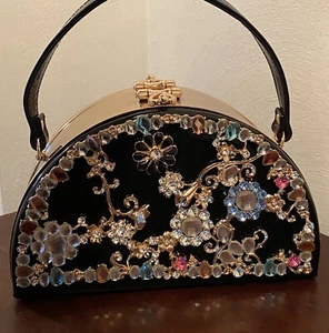 Gorgeous Multi Rhinestone Black Vinyl & Gold Metal Box Style Purse~NYC - Picture 1 of 12