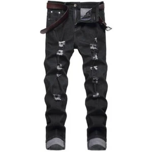 Men's Black Denim Jeans Cotton Casual Pants Ripped Punk Hip Hop Trousers Stretch - Picture 1 of 13