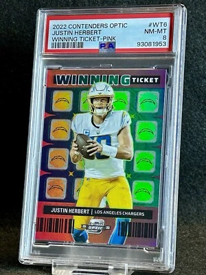 2022 Contenders Optic Justin Herbert Winning Ticket-Pink /75 PSA 8 - Image 1 of 3