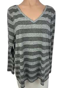 Top Pullover Lane Bryant Talla 18/20 Manga Larga Gris con Rayas Metálicas Negras y Doradas - Imagen 1 de 6