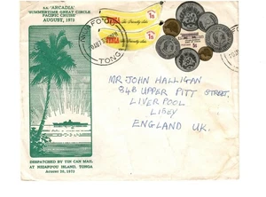 Tonga Blechdose Postbrief 1973 Niuafo'ou Stempel auf SS Arcadia nach Liverpool - Bild 1 von 1
