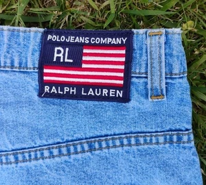 VTG Ralph Lauren, Polo Look Jean Shorts Men's Sz 32 Large Flag On Back - Picture 1 of 9