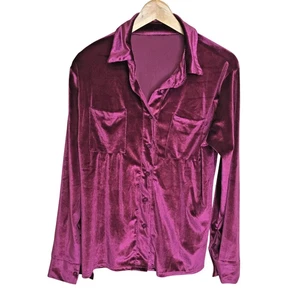 Camisa Púrpura Terciopelo Sensación Abotonada M L Suave Drapeado Lujo Blusa Y2K Revival Look - Imagen 1 de 4