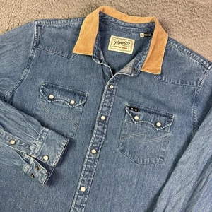 Howler Bros Dust Up Denim Shirt Mens L Blue Pearl Snap Sawtooth Corduroy Western - Picture 1 of 8