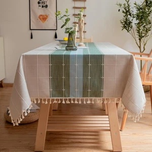 Tovaglia in Lino di Cotone con Nappa a Righe per Tavoli Rettangolari, Impermeabile... - Foto 1 di 6