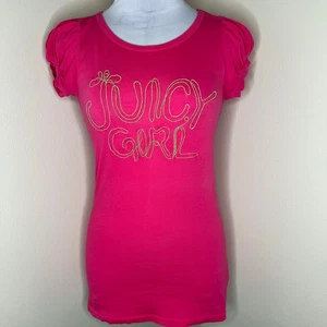 Juicy Couture Tee SMALL Pink Gold Embroidered Logo Puff Sleeve Crewneck Cotton - Picture 1 of 9