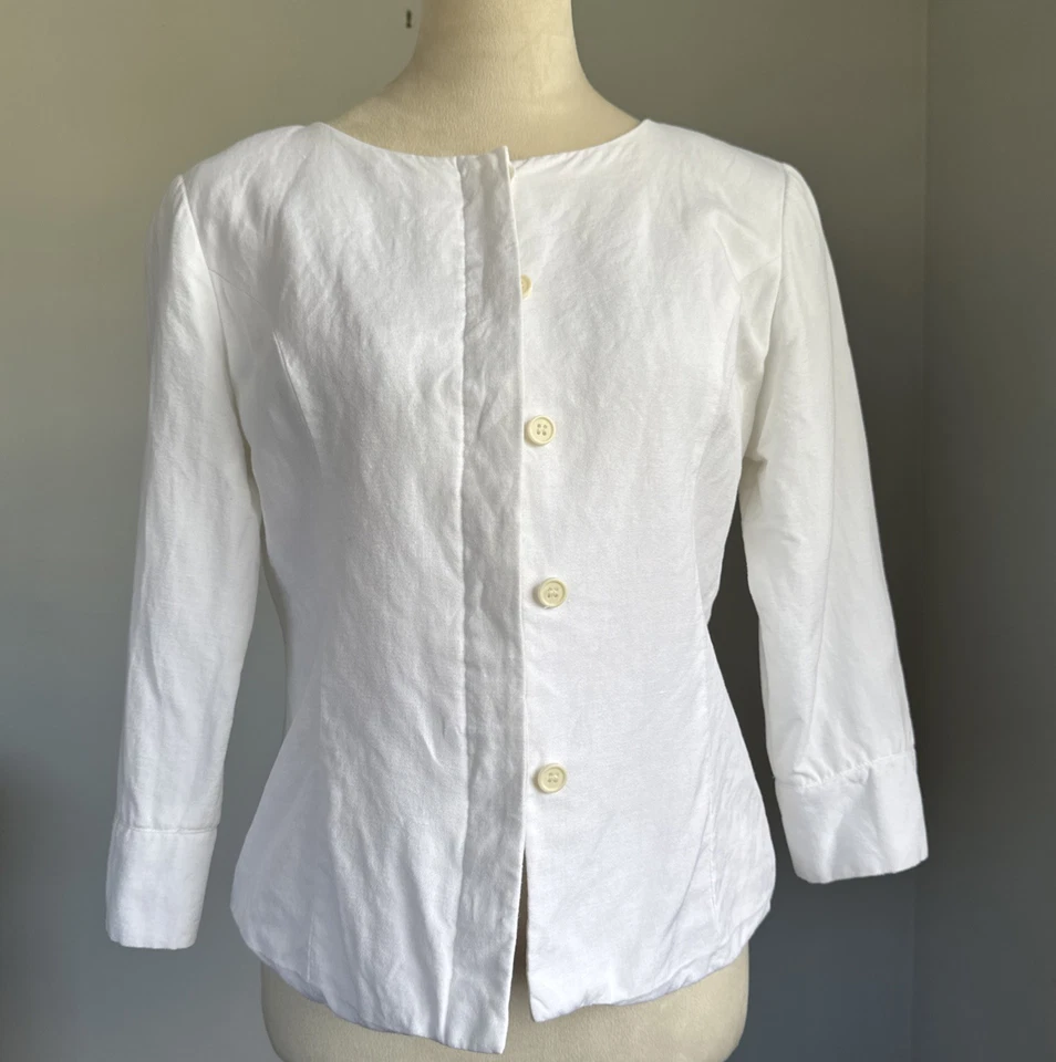 Blusa top manga 3/4 David N para mujer M blanca mezcla de lino botones delanteros Foto 1 de 4