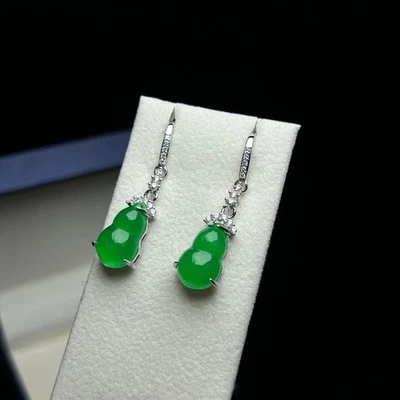 Lucky Fu Lu Jade Earrings Diamond Inlay Green Jadeite Women Gift - Image 1 of 4