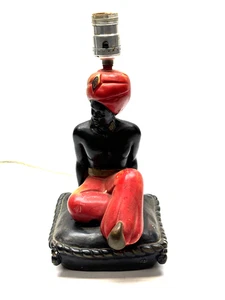 Vintage Sitting Blackamoor Nubian Mid Century Genie African Lady Lamp Red 9.5" - Picture 1 of 9