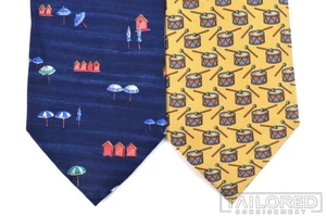 LOT of 2 - HERMES DUNHILL Blue Yellow Novelty 100% Silk Mens Luxury Tie Ties - Picture 1 of 5