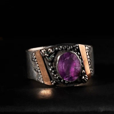 Anillo Vintage Amatista Oro 22K Plata Esterlina 12mm Ancho Banda Gruesa Talla O/7 Foto 1 de 4