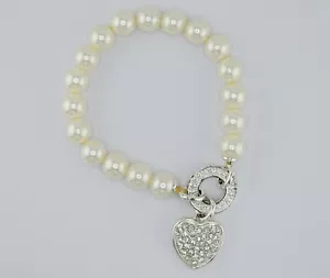 Vintage Nataliya V. Collister Faux Pearl Bracelet with Rhinestones Heart Charm - Picture 1 of 9