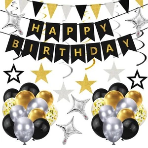 59PCS Happy Birthday Balloons Happy Birthday Banner Silver and Black Balloons... - Picture 1 of 6