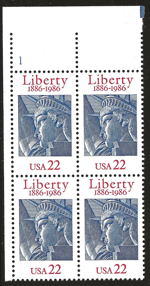 US Scott #2224, Plate Block #1 1986 Liberty 22c VF MNH - Image 1 of 1