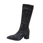 Women's Fashion Vintage Denim Zipper Jeans Block High Heels Mid Calf Boots Party