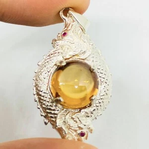 ORANGE Round Naga-eye 2Heads Pendant 925-Silver Jewelry Thai Amulet Wealthy Rich - Picture 1 of 5
