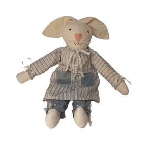 Vtg Muslin Cloth Handmade Bunny Rabbit Flop Ear Plush Farmhouse White 17" Blue - Picture 1 of 8