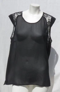 ? Marke Damen schwarz Chiffon + Spitze U-Ausschnitt Flügelärmel Bluse Top Gr. L - Bild 1 von 4