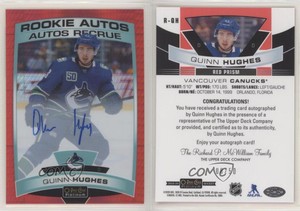 2019 O-Pee-Chee Platinum Autos Red Prism /50 Quinn Hughes #R-QH Rookie Auto RC