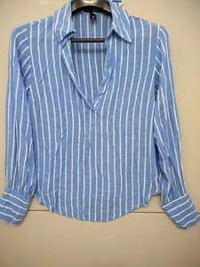 AQUA Top Womens M Blue Blouse Popover Collared Stripe Plunge Vneck Woven Cotton - Picture 1 of 14