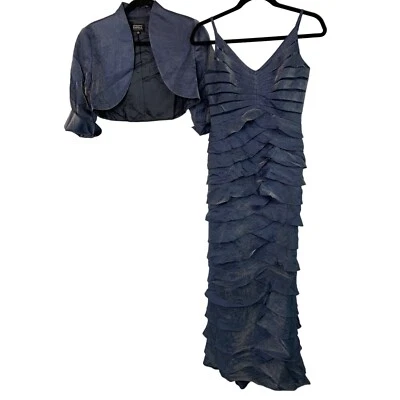 Платье-болеро Adrianna Papell стираемое атласное синее с оборками размер 4 7804 - Изображение 1 из 4