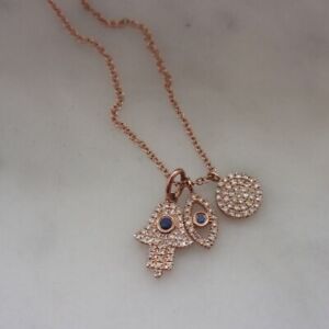14K Rose Gold Diamond Evil Eye Hamsa & Circle Three Charm W/ Sapphire Necklace