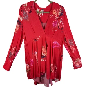 Free People Field Of Butterflies Rosa Blumen Langarm V-Ausschnitt Boho Tunika Gr. L - Bild 1 von 8