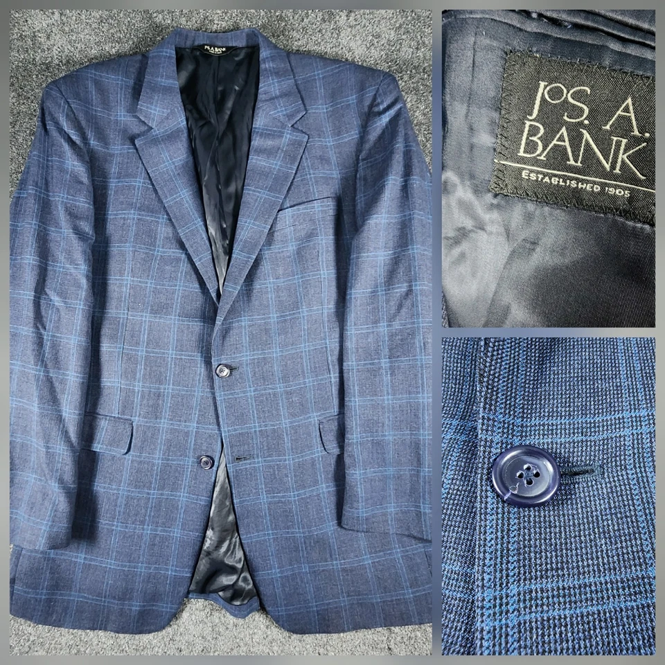 JOS A BANK Blazer 44L 100% Wool Plaid Windowpane Sport Coat Check Men Suit Jackt - Image 1 of 4