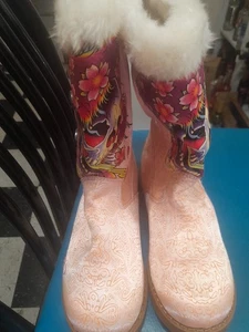 Ed Hardy Womens Pink Skeleton Slip On Boots Sz 8 Good Preowned Condition - Picture 1 of 9
