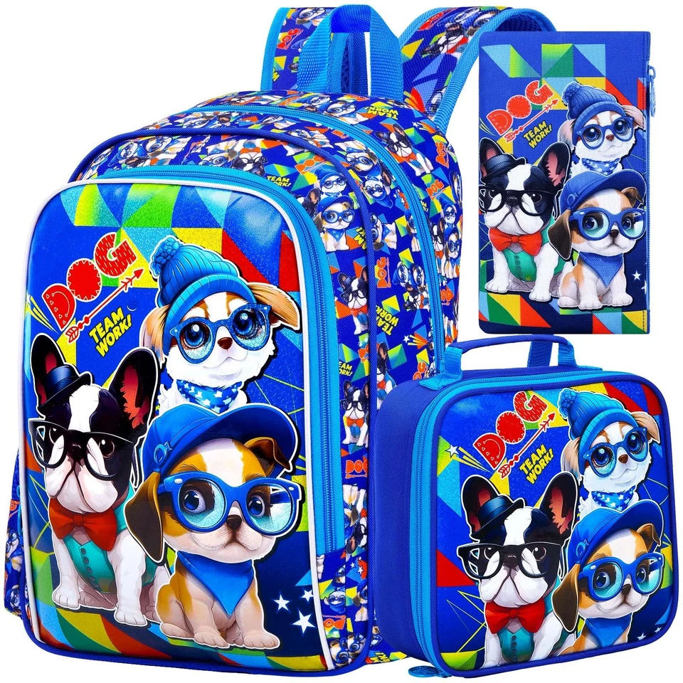 Mochila para niños 3 piezas 16" resistente al agua bolsa para libros para niños con lonchera para perro Foto 1 de 4