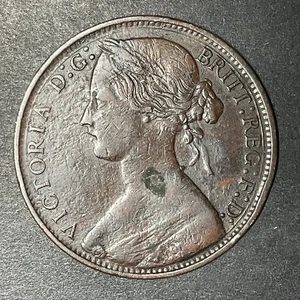 1861 United Kingdom Large 1 Penny Coin Queen Victoria Bun Head Strong Details UK - Foto 1 di 2