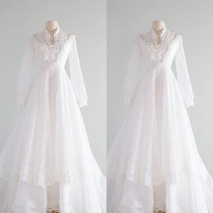 Vintage Langarm Brautkleider Spitze V Ausschnitt 50er Jahre A Linie Brautkleider - Bild 1 von 10