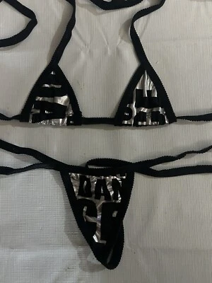 NWOT Sexy Skimpy Handmade Silver & Black Micro Tri-Top Y-String Bottom Bikini - Image 1 of 4