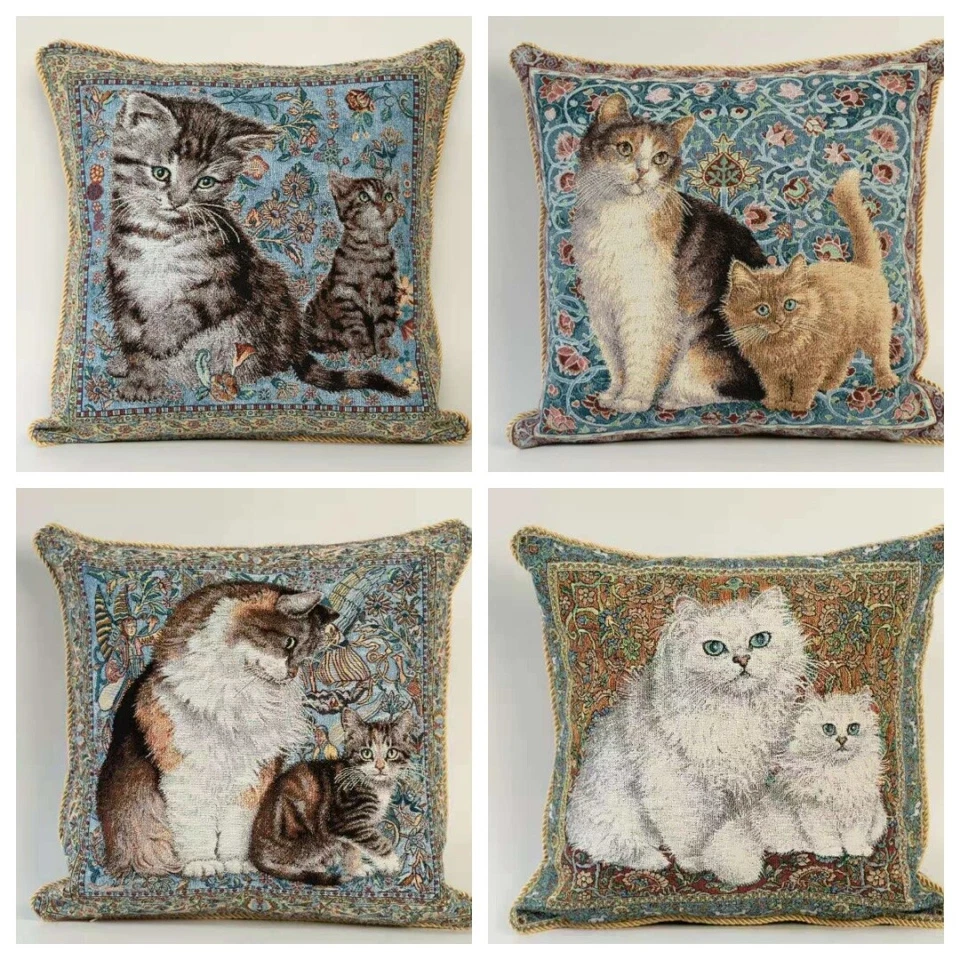 Cat Kitty Vintage French Jacquard Tapestry Throw Cushion Cover Pillowcase Sofa - Image 1 of 4